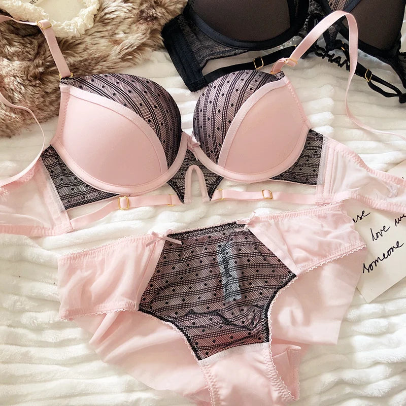 Sexy Hollow Underwear Set for Women 3/4 Cup Push Up Bra Lace Splicing Color Brassiere and Panties Ladies Intimates Lingerie