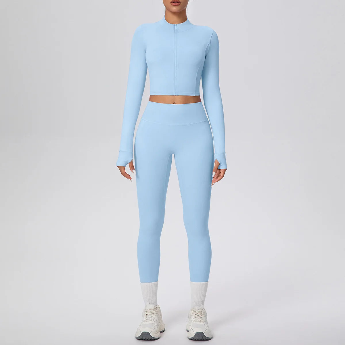 New Women Yoga Set Solid Color Double-Sided Brushed Bare Feel Short Long-Sleeve Jacket Tight Pants Running Fitness 2-Piece Set
