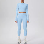 New Women Yoga Set Solid Color Double-Sided Brushed Bare Feel Short Long-Sleeve Jacket Tight Pants Running Fitness 2-Piece Set