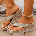 Gold Woven Wedges Flip Flops Women Plus Size 43 Summer Chunky Platform Slippers Woman Vacation Thick Sole Beach Sandals Female