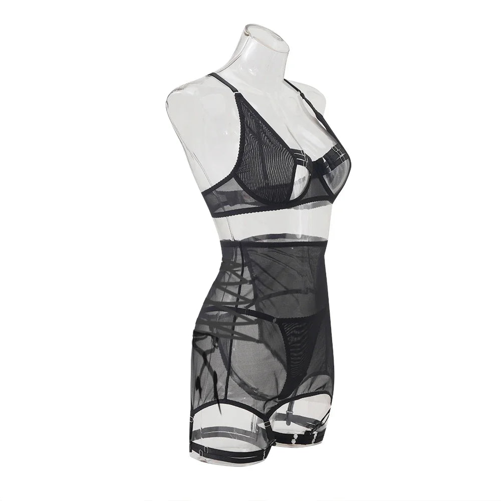 Summer new women's sexy strappy see-through mesh lingerie four-piece set Women's Pajama Lace Underwear Set Intimates 2025
