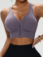 QIW Women's Zip Front Solid Color Sports Bra, Crisscross Back Wireless Bra, Removable Padded Comfort Everyday Workout Bra