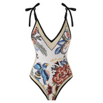 Sexy One-piece Swimsuit with Skirt Swimwear Women Flower Bird Print Body Bathing Suit Beach Swim Pool 2024 Female Swimming Suit