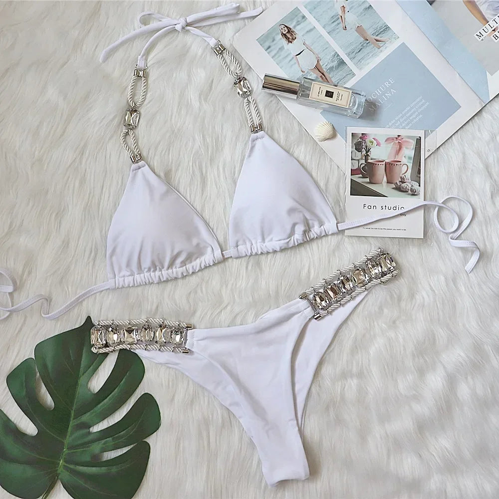 Sexy Bikini Women Push Up Swimwear Swimsuit Shiny Crystal Diamond Chain Halter Beach Bikinis Set Bathing Suit Bikini Brasileno
