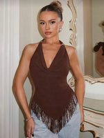 FDYOUI Sexy Swinging Collar Tassels Tank Tops Women's Halter Bandage Backless Camisoles Female Summer Slim Corset Top Streetwear
