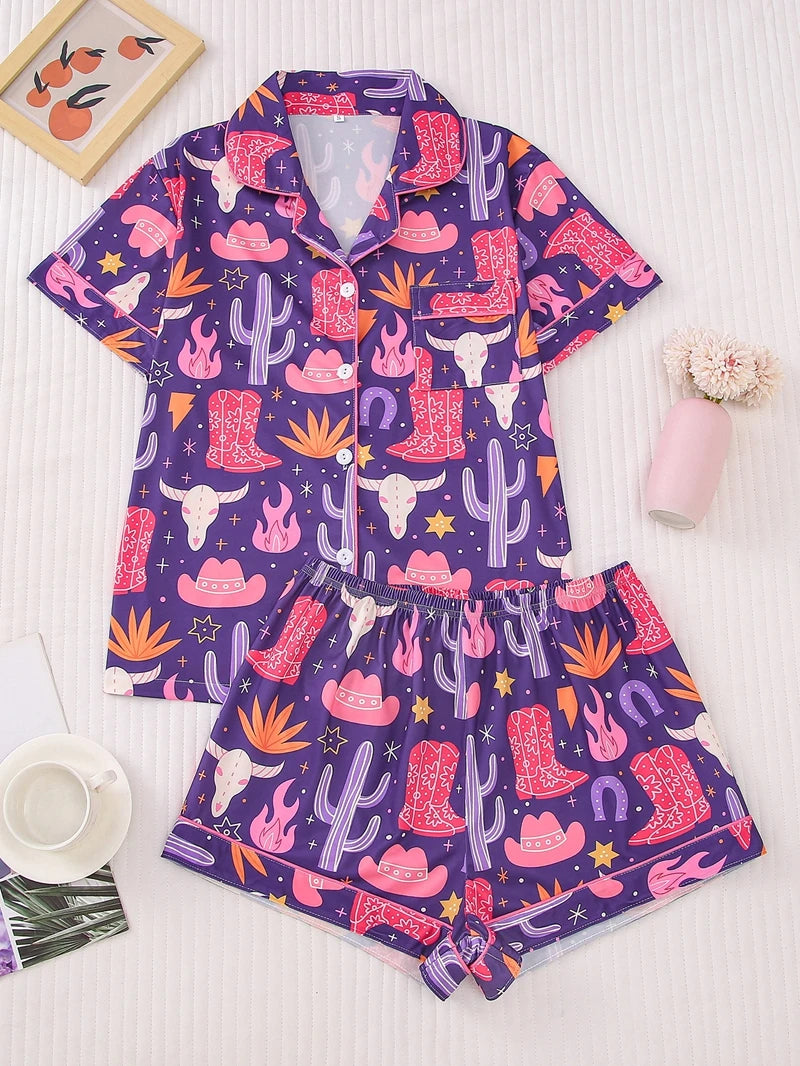 Women Halloween Print Pajama Set Turn‑down Collar Short Sleeve Button Down Shirt + Shorts Sleepwear Ladies Home Loungewear Suit