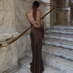 FDYOUI Women's Bandage Long Maxi Satin Dress Black 2026 Sexy Spaghetti Strap Slash Neck Backless Lace-up Party Evening Dresses