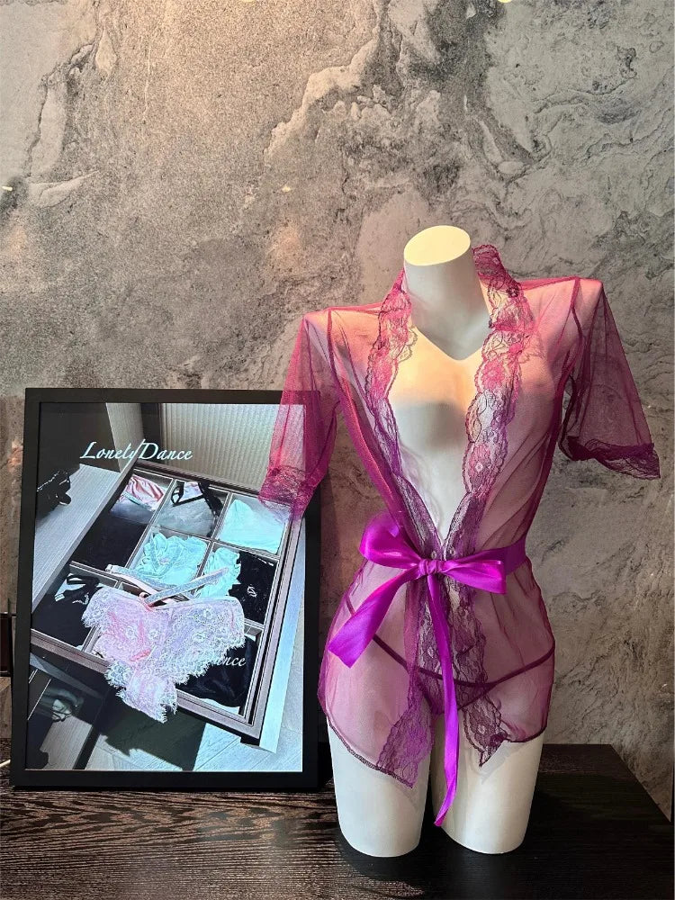 Ladies Sexy Lace Pajamas Evening Dress Sexy Lingerie Transparent Mesh Robe Underwear Solid Color Lace Bathrobe Dress Sex Clothes
