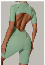 Summer Zipper Workout Jumpsuit Sports Overalls Women Running Fitness Short Sleeve Yoga Bodysuit