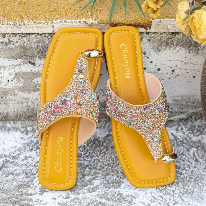 Aneikeh Elegant Sequin Rhinestone Square Toe Pinch Toe Thin High Sandals Slippers Women Mules Party Stripper Shoes