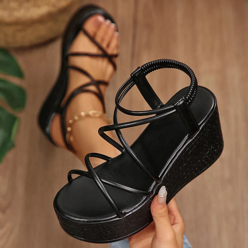 2026 New Chunky Platform Gladiator Sandals Women Gold Elastic Band Wedge High Heel Sandals Woman Plus Size 43 Summer Sandles