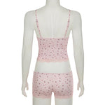 Cute Pink Floral Lace Patchwork Two-piece Pajamas Set for Women Sleepwear Sleeveless Camisoles and Slim Shorts Loungewear