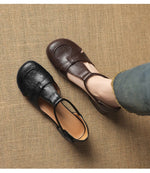 French Slip-on Single Shoes Retro British Shoes for Women Brown T-Strap Shallow Flat Sandals Soft Leather RomeSummer New 32-43