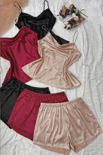 Large size pajamas, camisole shorts set, fashionable ice silk home clothes, women's simple simulated silk pajamas