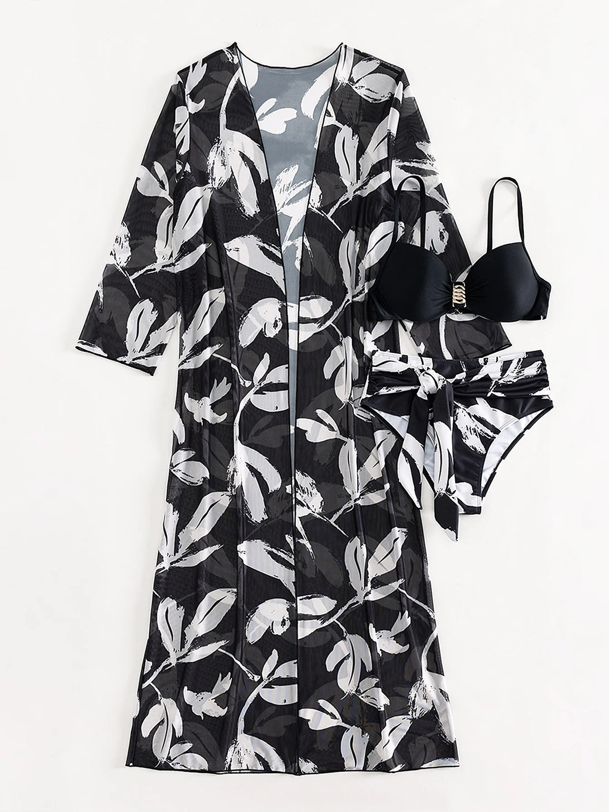 2025 Three Pieces Bikini Set Cover Up Swimwear Women Swimsuit Print Long Sleeve Push Up Bathing Suit Beachwear Swimming Biquini