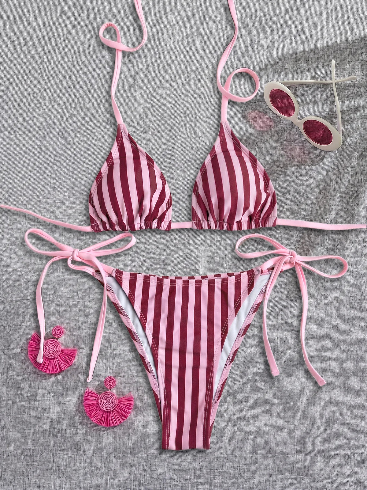 Sexy Pink Striped Micro Bikini 2026 Women Halter Push Up Bra Tie Side Thong Swimsuit Beach Bathing Suit Holiday Swimwear Biquini