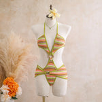 Sexy Black Stripe Knitted One Piece Swimwear Skirts Sets 2026 Women Metal Circle Hollow Out Backless Bathing Suit Thong Swimsuit