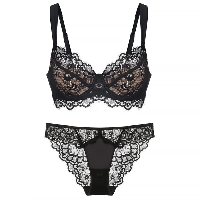 Europe Sexy Lace Embroidery Women Lingerie Set French Thin Cup Push Up Bra SummerBreathable Plus Size D Cup Underwear Bra Sets