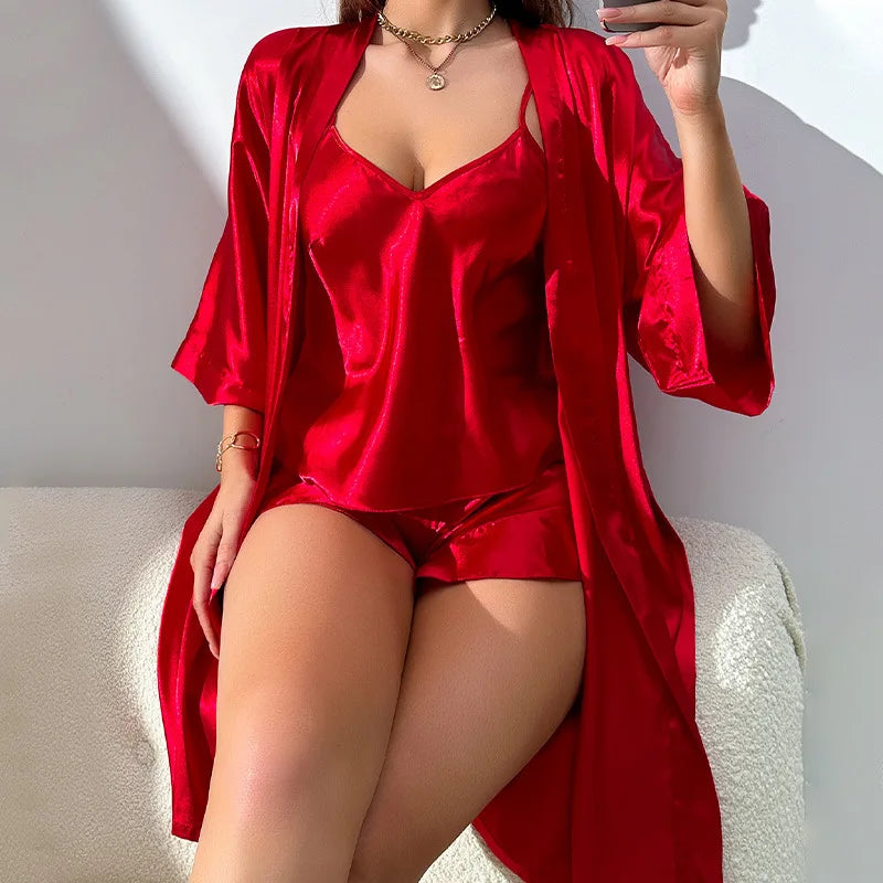 Autumn New Women's Silk Pajamas Sexy Fashion Pajamas Set and Simple Robe Three Piece Women's Loungewear