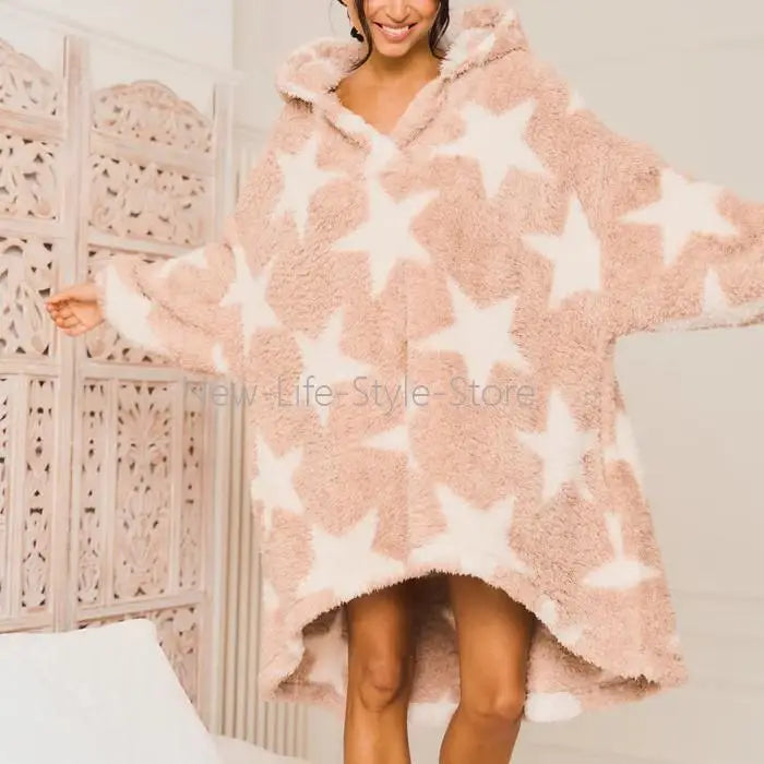 New Women Ins Lazy Vibe Star Print Hooded Plush Sleepwear Autumn & Winter Oversized Casual Wearable Blanket Home Outfit