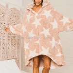 New Women Ins Lazy Vibe Star Print Hooded Plush Sleepwear Autumn & Winter Oversized Casual Wearable Blanket Home Outfit