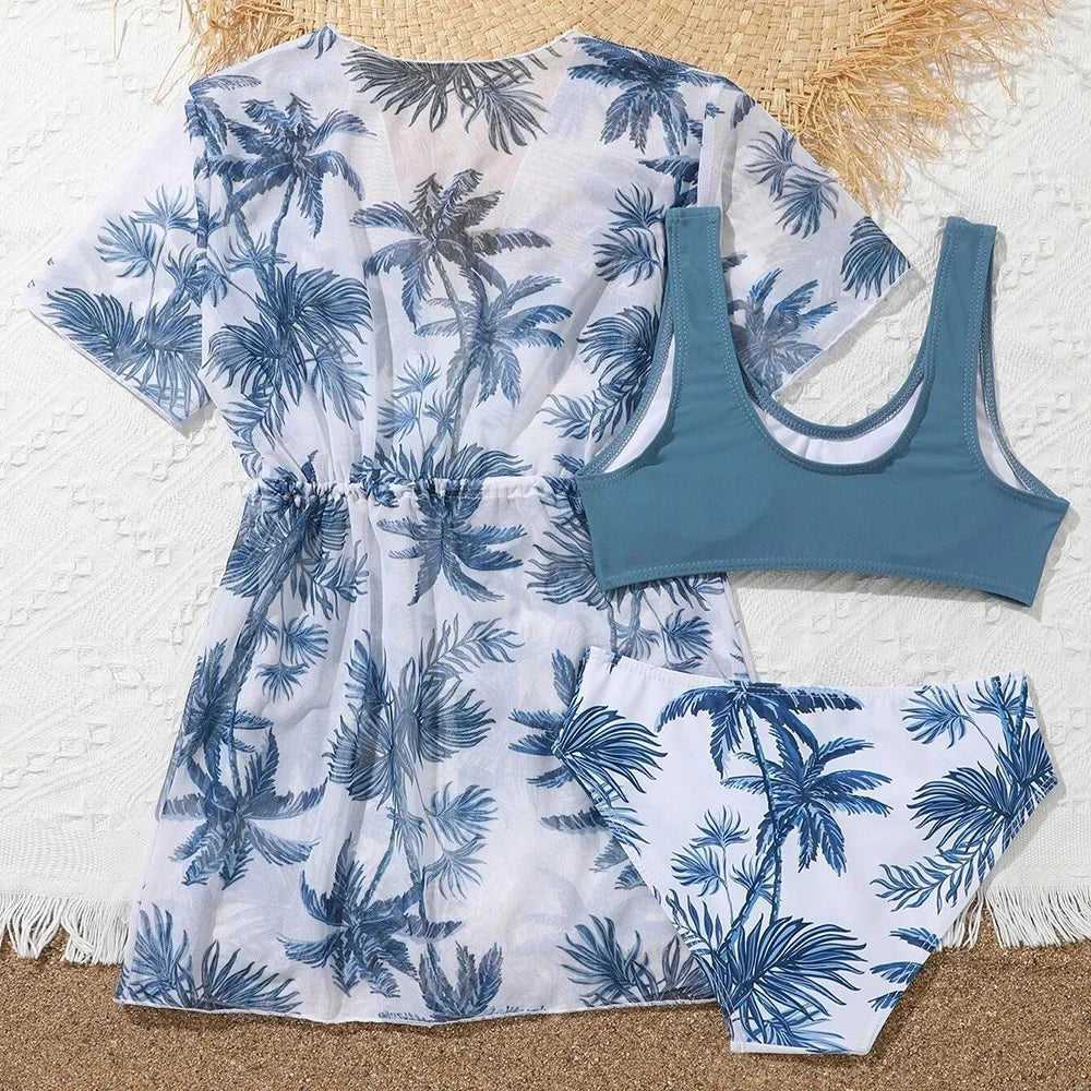 Girls 3pack Heart Print Cross Wrap High Waist Bikini Kids Swimsuit&Kimono 7-12 Years Children's Swimwear 2024 Teens Bathing Suit