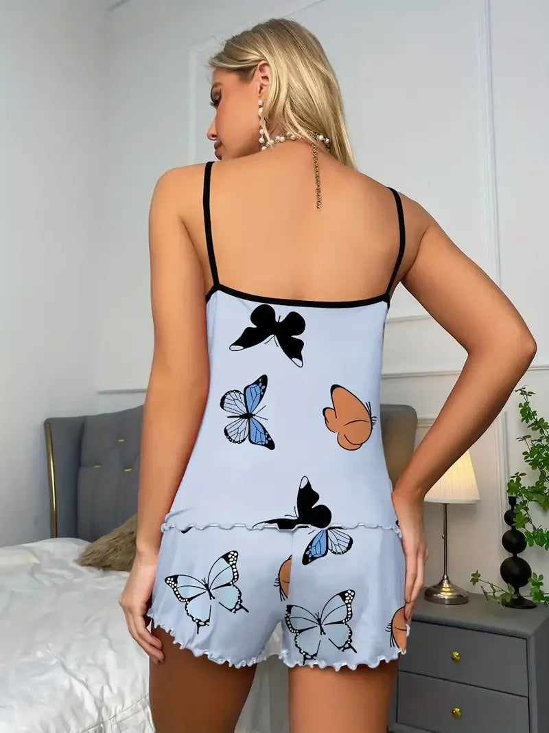 Butterfly Print Pajama Set Lettuce Trim Cami TopElastic Waistband Shorts WomenSleepwear Loungewear