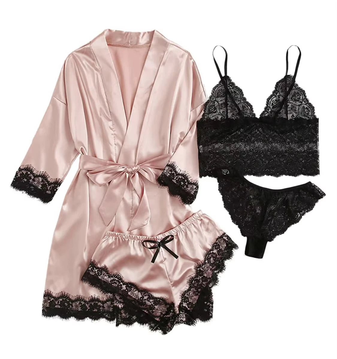 2025 New Women's Pajama Fashion 4-Piece Set Lace Satin Strap Sexy Pajama Set Dress Skin Friendly Comfortable Casual Pajama Skirt