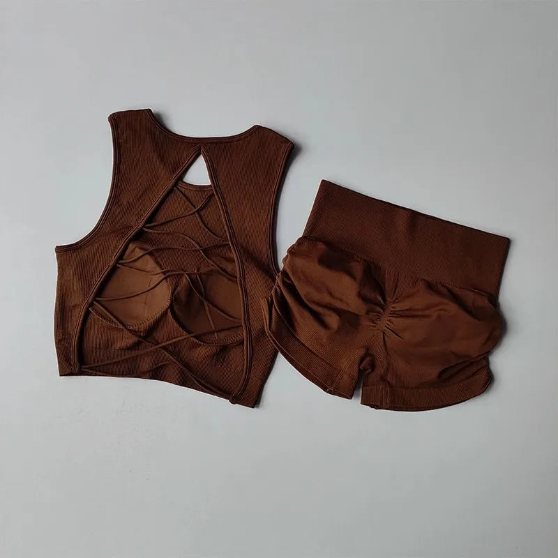 Women's Backless Cross Belt Sports Vest Yoga Exercise Fitness Suit Threaded Pleated Hip Lifting Shorts Set