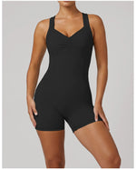 Cross Exposed Back Shaping Nude Yoga Jumpsuit Women Summer Sleeveless Pleate Slim Hip Lifting Short Sport Fitness One Piece Suit