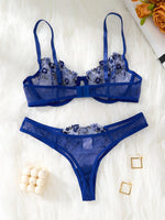Women's Royal Blue Floral Embroidery Lingerie Set Half Cup Push Up Bra And Thong Sheer Mesh Lace Comfortable SexyUnderw ZA824026