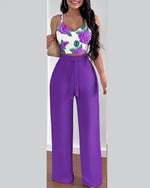 Women's Two Piece Sets Fashion Print Halter V-Neck Short Tank Suit Tops Long Pants Matching Set Summer Casual Female Slim Pants