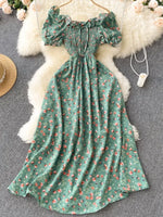2025 Summer French Vintage Floral Dress Fashion Elegant High-Waisted Drawstring Vestidos Printed Fresh And Sweet Long Dresses