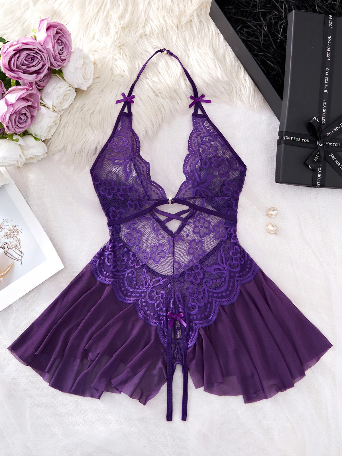 Bodycon Teddy Dress Crotchless Sheer Underwear Set Lace See Through Halter Deep V Sexy Lingerie Sultry Nightwear For Date Night