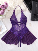 Bodycon Teddy Dress Crotchless Sheer Underwear Set Lace See Through Halter Deep V Sexy Lingerie Sultry Nightwear For Date Night