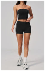 Summer Tight Yoga Suit Women Color Contrast Strapless Slim Sports Tank Top Shorts Fitness Suit Gym Running Workout Tracksuit