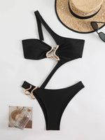 Sexy Black Hollow Out Bikini 2025 Women One Shoulder Metal DesignerBackless Thong One Piece Swimsuit Summer Bathing Suits