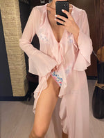 Women's V Neck Ruffled Long Sleeve Dress Chiffon Tunic Beach Cover Up Cover-ups Beach Dress Sunscreen Beachwear Vacation V5976B