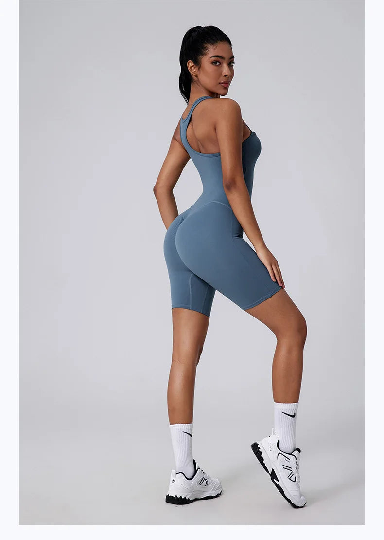 Sexy Fitness Yoga Jumpsuit Women Sleeveless Slim Playsuit Pleated Hollow Running Scrunch Shorts Romper One Piece Sports Suit