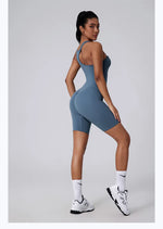 Sexy Fitness Yoga Jumpsuit Women Sleeveless Slim Playsuit Pleated Hollow Running Scrunch Shorts Romper One Piece Sports Suit