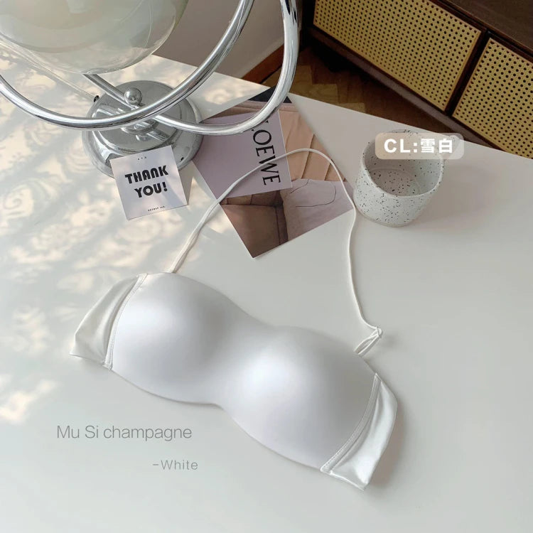 Sexy Japanese Satin Halter Bra Strapless Seamless Two-Way Wear Adjustable Comfort Back Fit Wirefree Lingerie Set S-XL MOYISU Bra