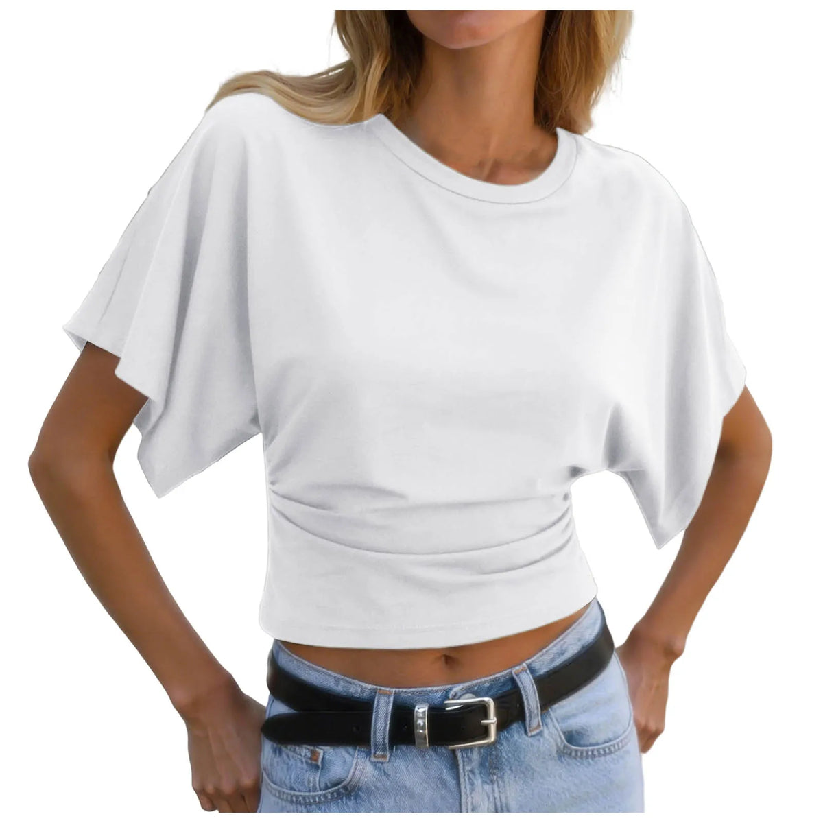 Y2k Solid Cotton O-Neck Ruched Waist Short Top Women Short-Sleeved Loose T-Shirt Causal All-Match Short Summer Basic T Shirts