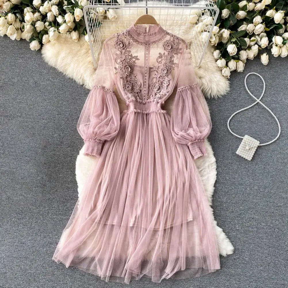 2 Pcs/Set Women Dress Suit Floral Embroidery See-through Lace Lantern Sleeves Pleated A-line Elastic Waist Dress Slip Dress Suit