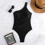 Sexy One Shoulder Swimwear Women 2026 Black Mesh See Through Slim Tummy Control One Piece Swimsuit Beach Holiday Bathing Suits
