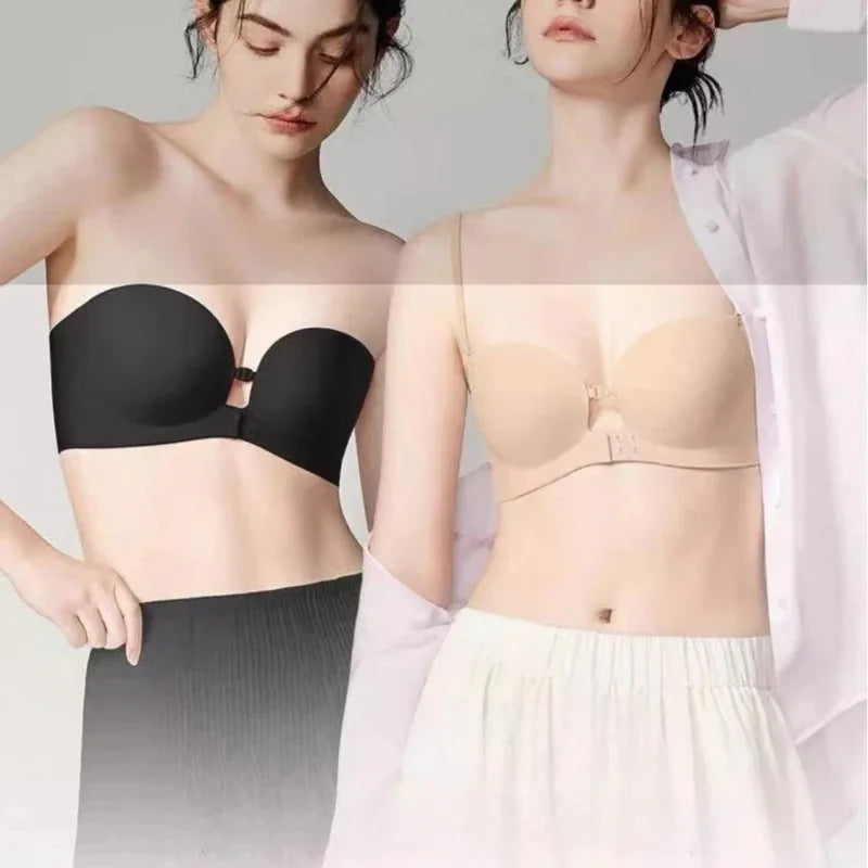 Front Closure Strapless Bras For Women Seamless Push Up Brassiere Thick Soft Underwear Solid Color Adjustable Invisible Lingerie