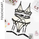 Toucheart 4 Piece Set Bra Set Nude See-Through Mesh Contrasting Color Hemmed Sexy Underwear For Women Girdle Garter Belt Suit
