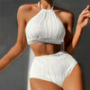 Sexy White High Waisted Bikini Set Women Ribbed Swimwear Push Up Swimsuit Halter Backless Crop Top Back Hollow Out Bathing Suit