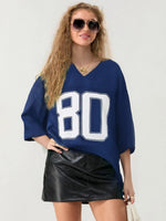 Women T-shirt V Neck Short Sleeve Numbers Print Loose Summer Tops Streetwear for Casual Daily