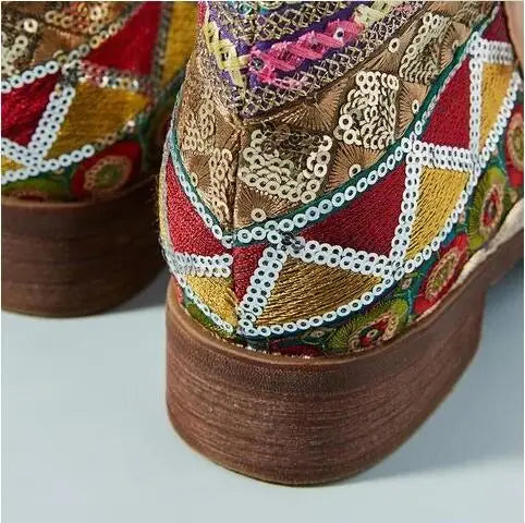 2019 New Women Embroider High Ankle Shoes Boots Wine Red Flock Leather Plus Size Zipper Rivet Flower Shoes