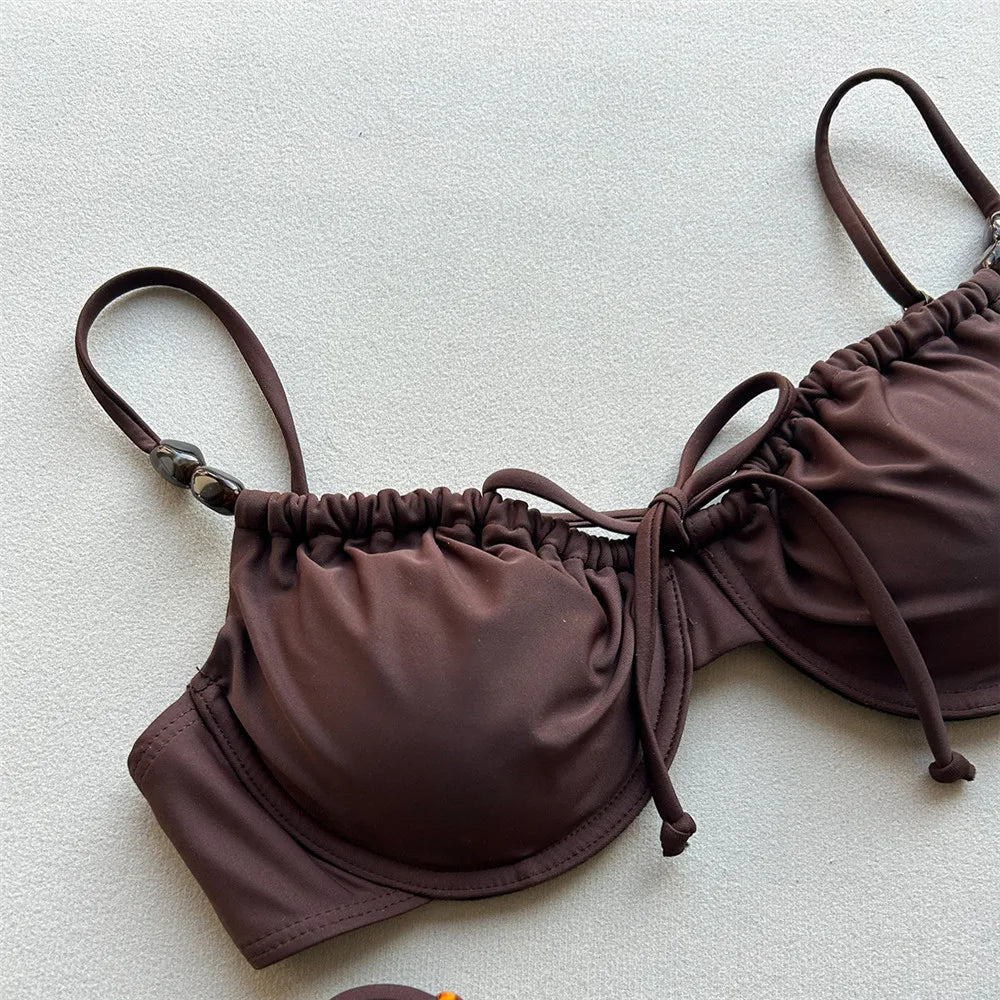 Dark Brown Bead String Swimwear Sexy Push Up Bikinis Sets Micro Thong Swimsuit Women Brazilian Bikini 2026 Mujer Swimming Suit